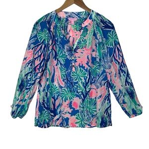 Tropical Lily Pulitzer Blue and Pink Women's Blouse